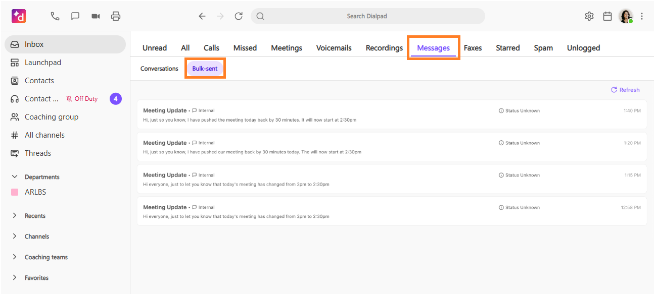 Screenshot of the Dialpad Inbox view displaying sent bulk messages, featuring orange boxes highlighting the selected 'Messages' tab and the 'Bulk-sent' sub-tab.