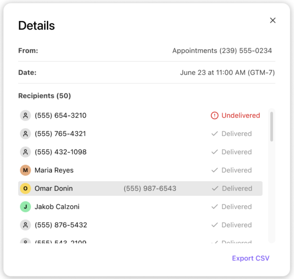 Screenshot of a Bulk Message Details modal window showing sender information, timestamp, a list of recipients with delivery statuses such as Undelivered and Delivered, and an 'Export CSV' link at the bottom.