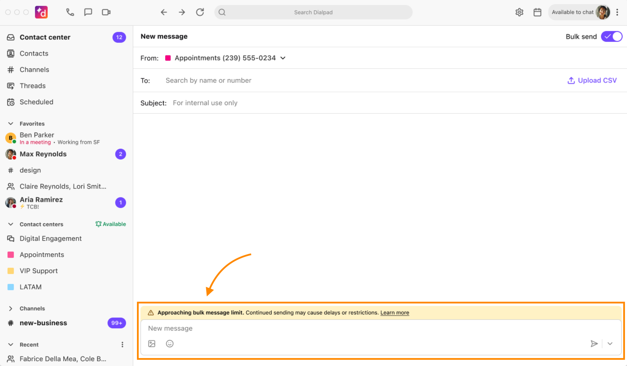 Screenshot of the Dialpad New Message interface with an orange arrow pointing to a yellow warning banner boxed in orange above the text field, reading 'Approaching bulk message limit. Continued sending may cause delays or restrictions.