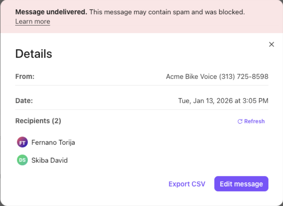 Screenshot of a message Details modal window with a pink error banner reading 'Message undelivered. This message may contain spam and was blocked,' and a purple 'Edit message' button in the bottom right corner.