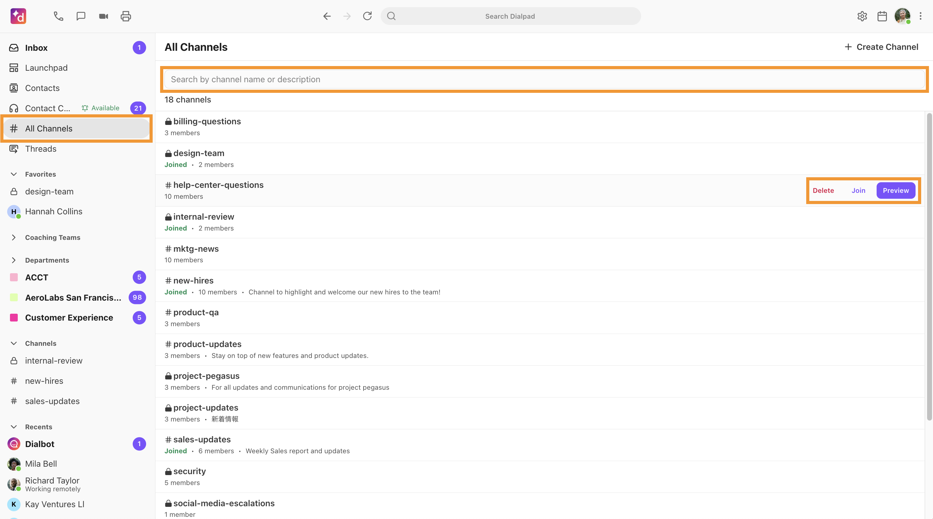 View of All Channels with the option to join, delete, or preview a channel highlighted.