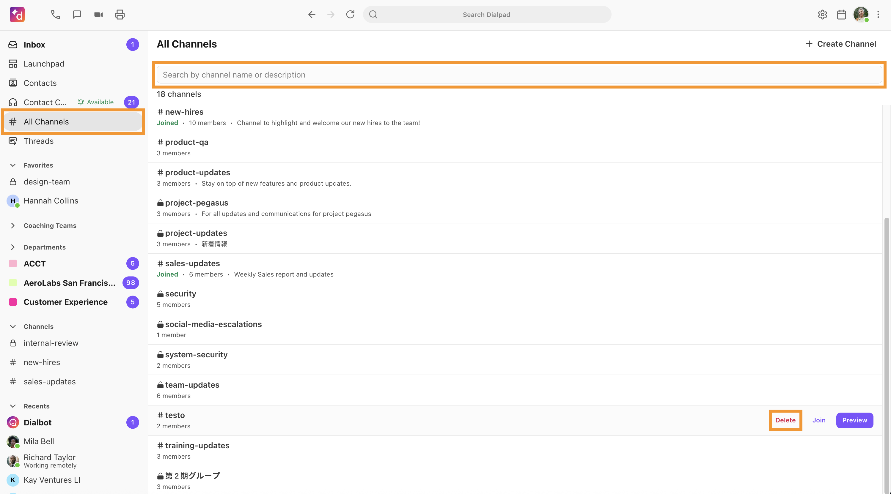 View of All Channels, with the option to delete a channel highlighted.