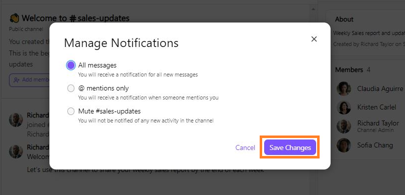 Screenshot of the Manage Notifications modal window displaying channel notification frequency options, featuring an orange box highlighting the purple 'Save Changes' button in the bottom right corner.