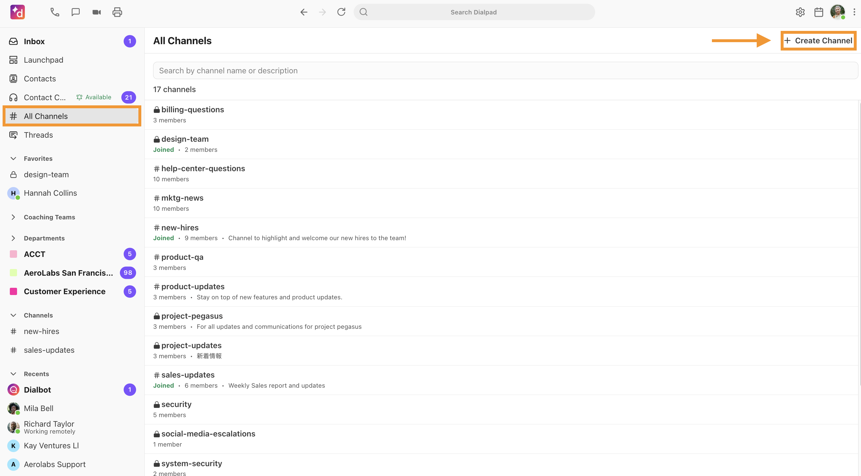 The All Channels screen, showing the option to create a channel in Dialpad.