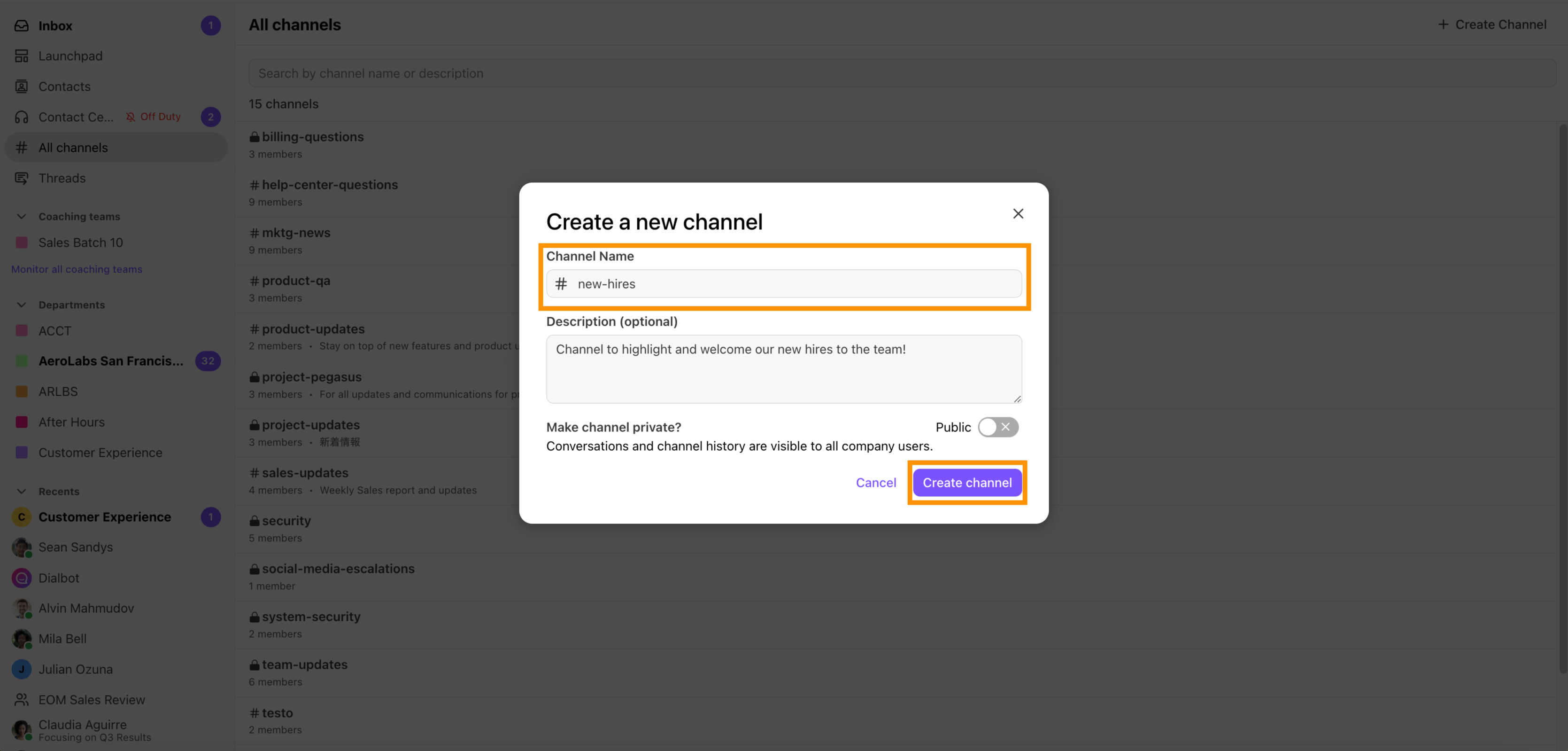 Creating a new channel with a description and privacy settings.