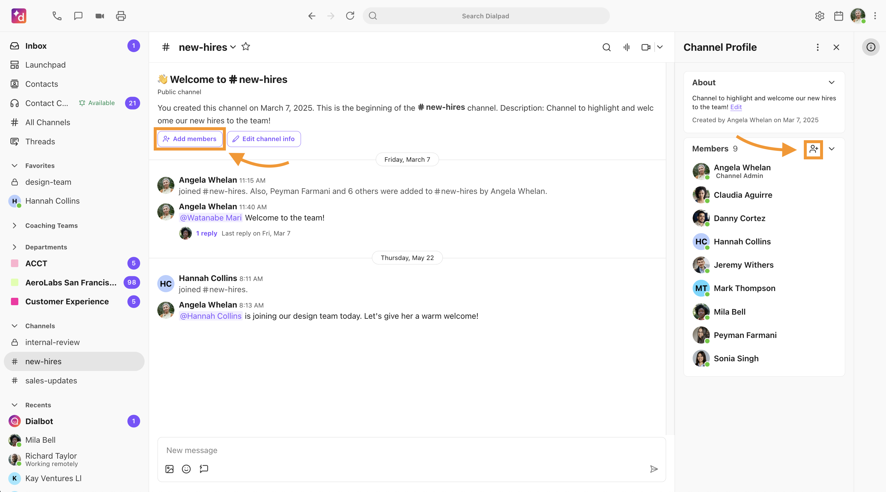 Option to add members from a button in the conversation window or from the channel information skinny bar.
