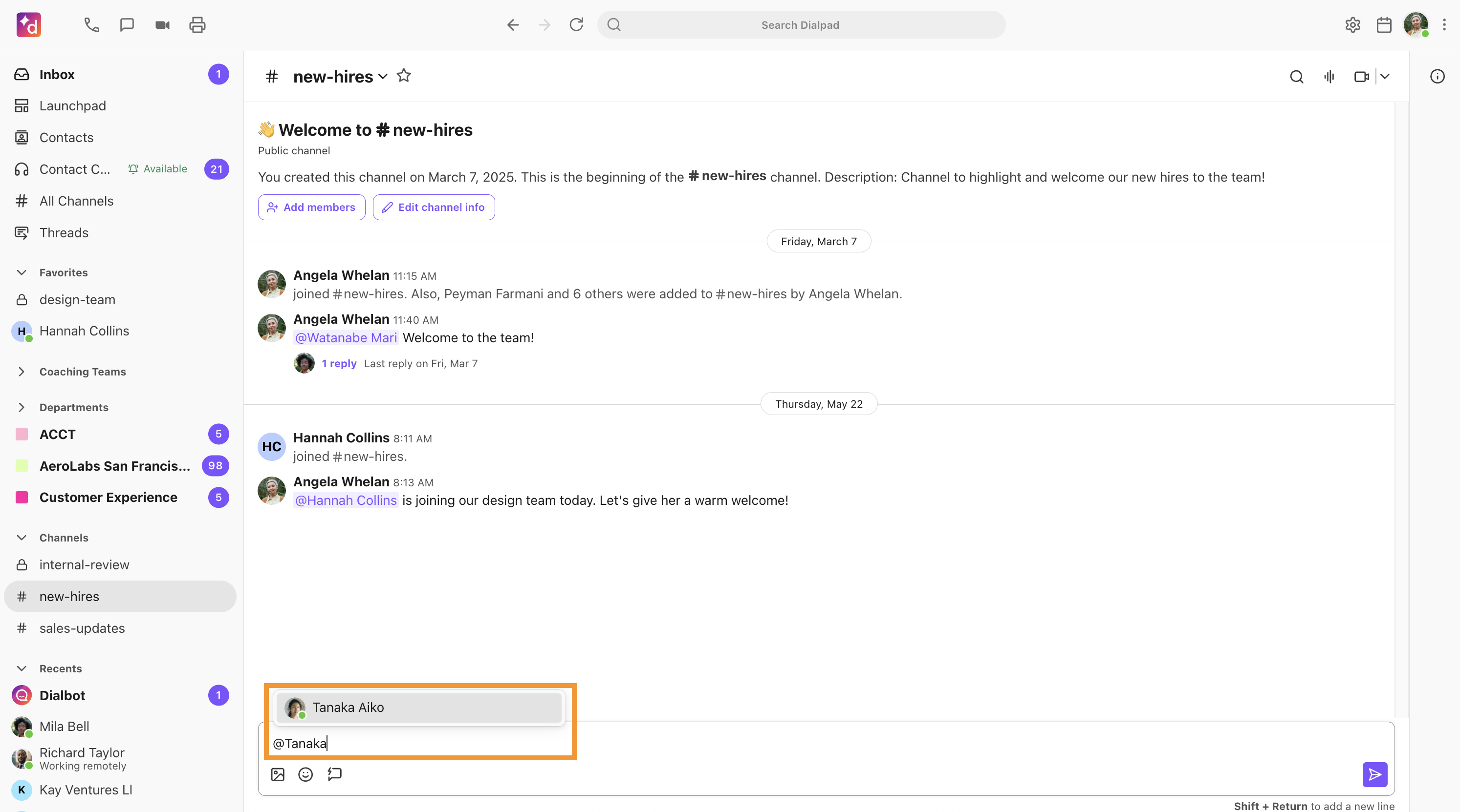 View of adding a member to a channel by using the @ symbol and typing their name