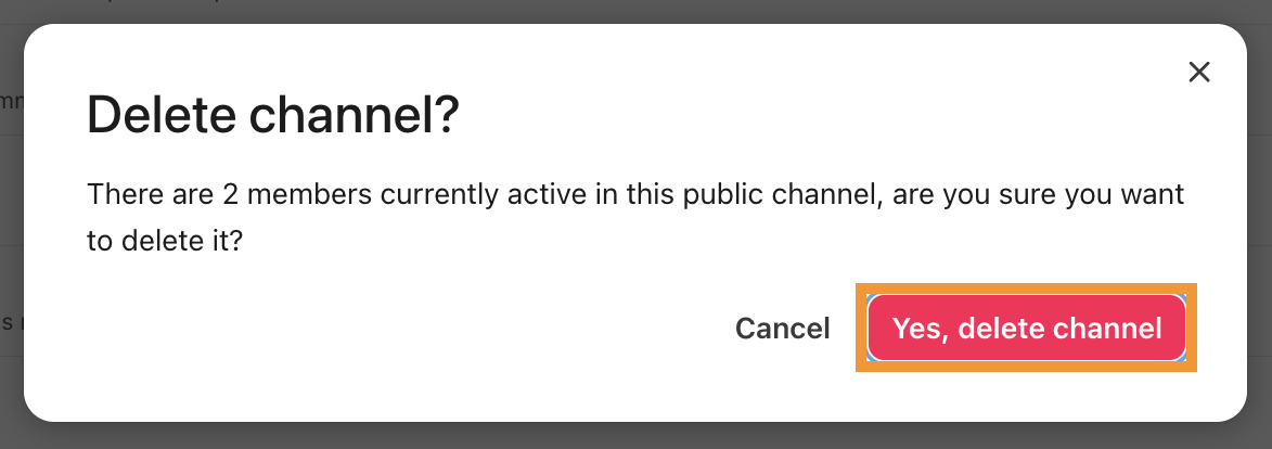 Confirmation window to delete a channel, with the confirm option highlighted.