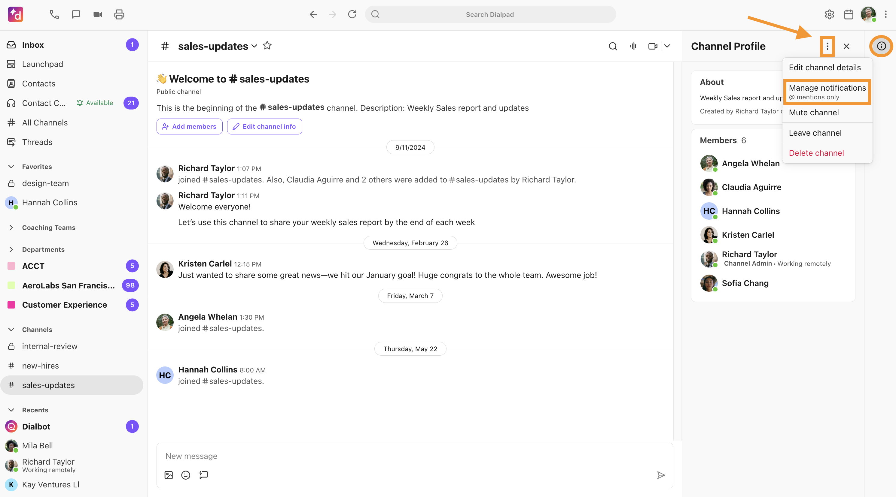 View of the channel and channel profile, with the option to manage notifications for the channel highlighted.