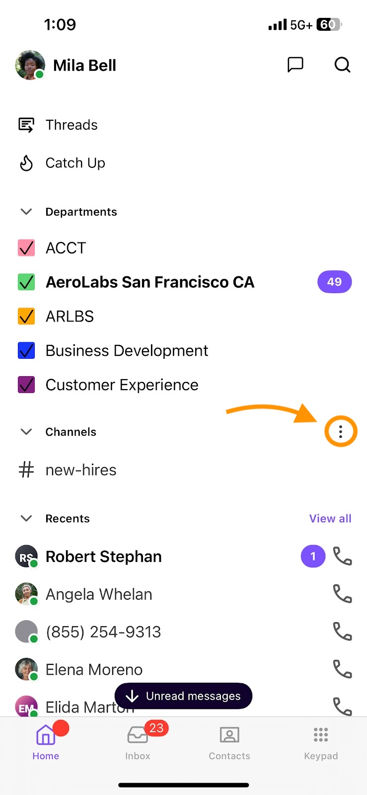 Mobile interface showing chats and channels. The Options icon is highlighted.