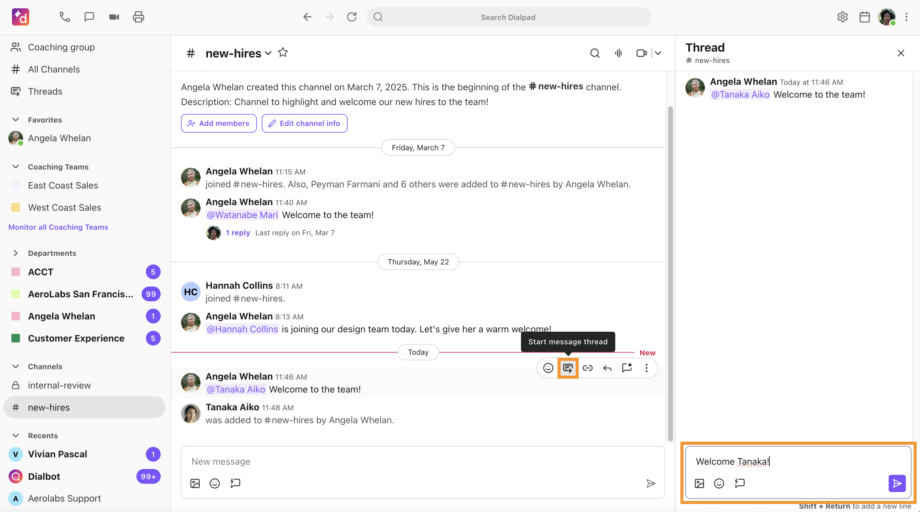Conversation thread window on the right, highlighting where to add text. The reply in thread option is highlighted in the conversation view.