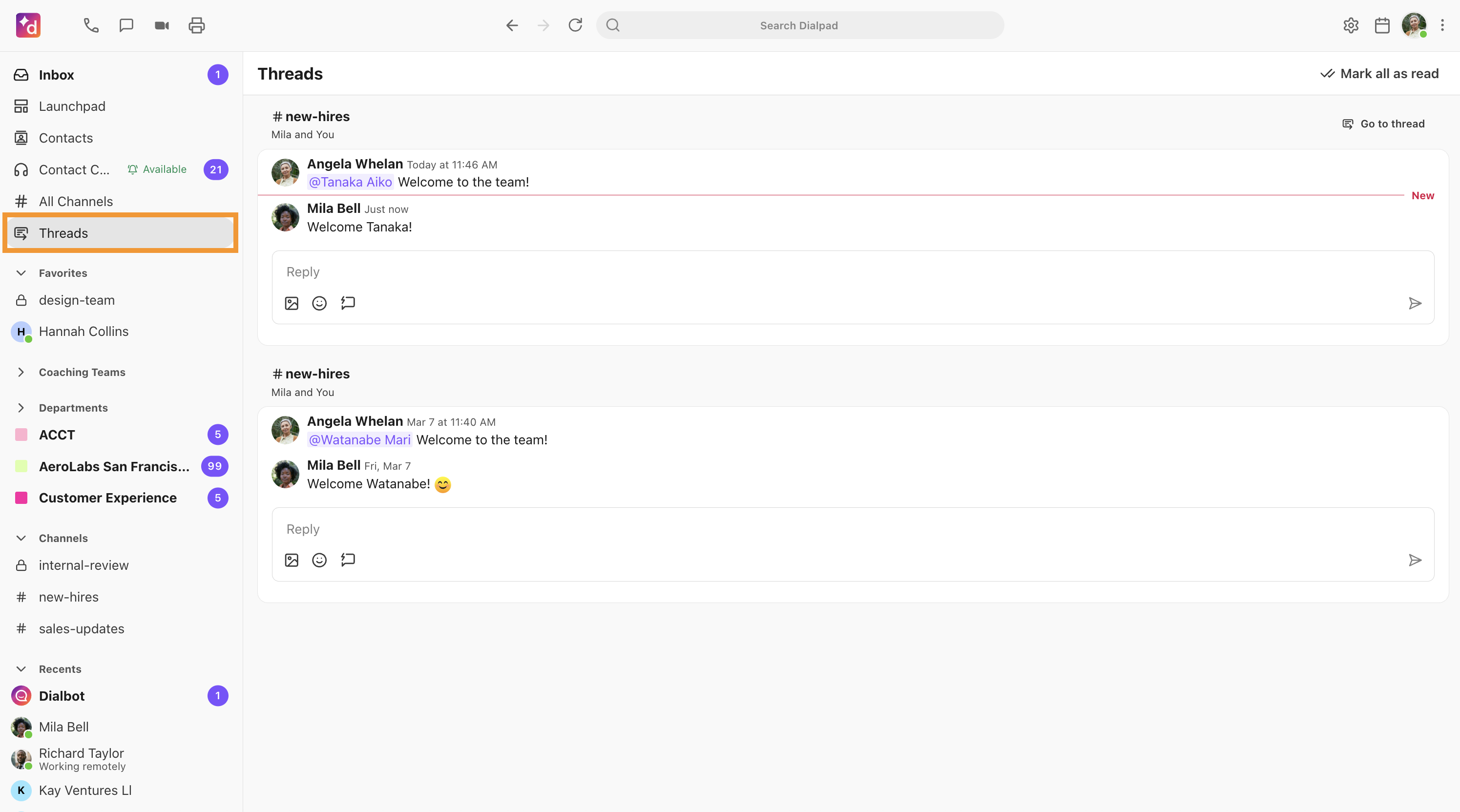 The Threads window, showing all threads in channels a user is added to.