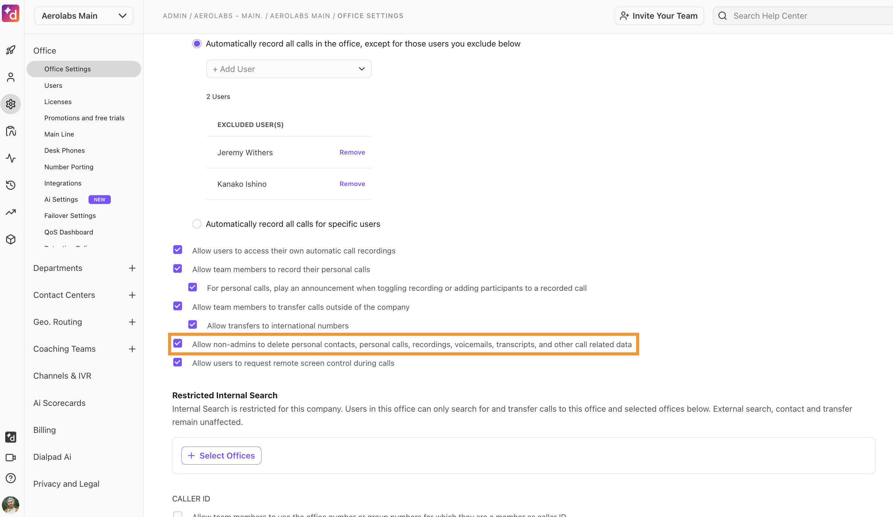 Office Settings page, highlighting an option to allow users to delete messages in channel chats.