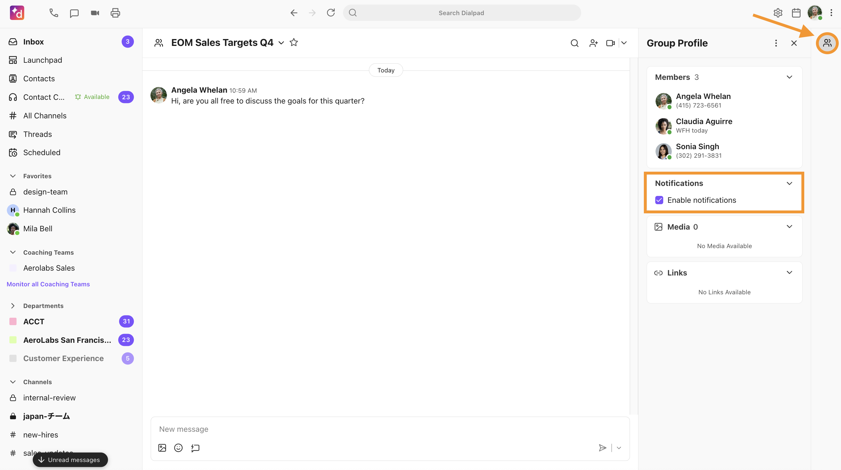 View of a group chat with the skinny bar open, showing the members of the group chat. The option to enable notifications is highlighted.