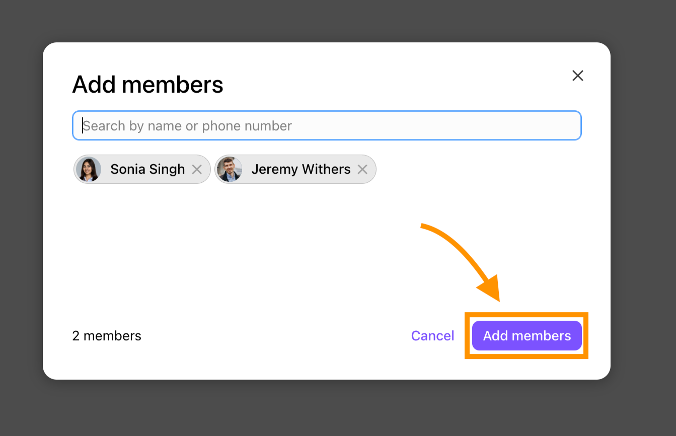 User Interface showing window to add members to a group chat.