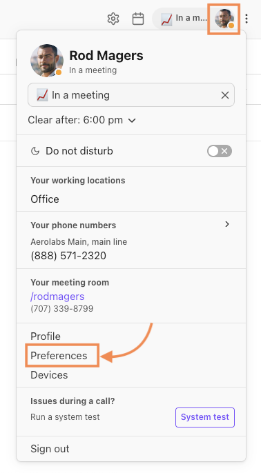 Screenshot of the profile drop-down menu in Dialpad, featuring orange boxes highlighting the user avatar in the top right corner and an orange arrow pointing to the selected 'Preferences' option.