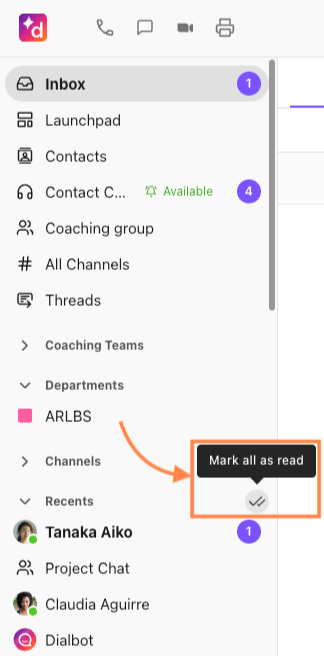 Alt Text Option  "Screenshot of the Dialpad left-hand sidebar, featuring an orange arrow pointing to an orange box around the 'Mark all as read' double-checkmark icon next to the Recents section header.