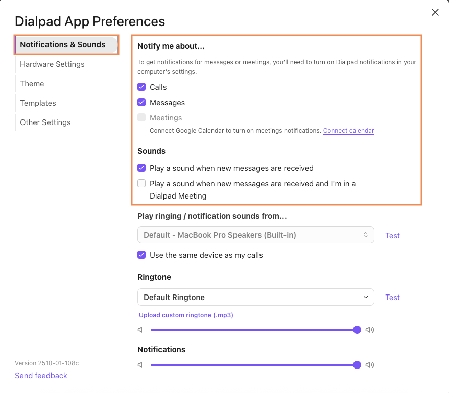 Screenshot of the Dialpad App Preferences window with orange boxes highlighting the 'Notifications & Sounds' tab on the left menu and the 'Notify me about...' and 'Sounds' settings sections on the right.