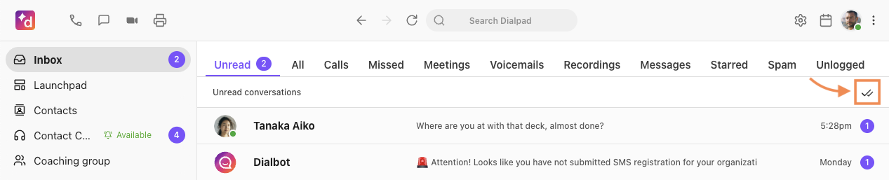 Screenshot of the Dialpad Inbox under the Unread tab, featuring an orange arrow pointing to an orange box around the 'Mark All as Read' double-checkmark icon on the far right.