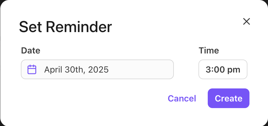 Window showing date and time option fields for creating a custom time interval for a message reminder.