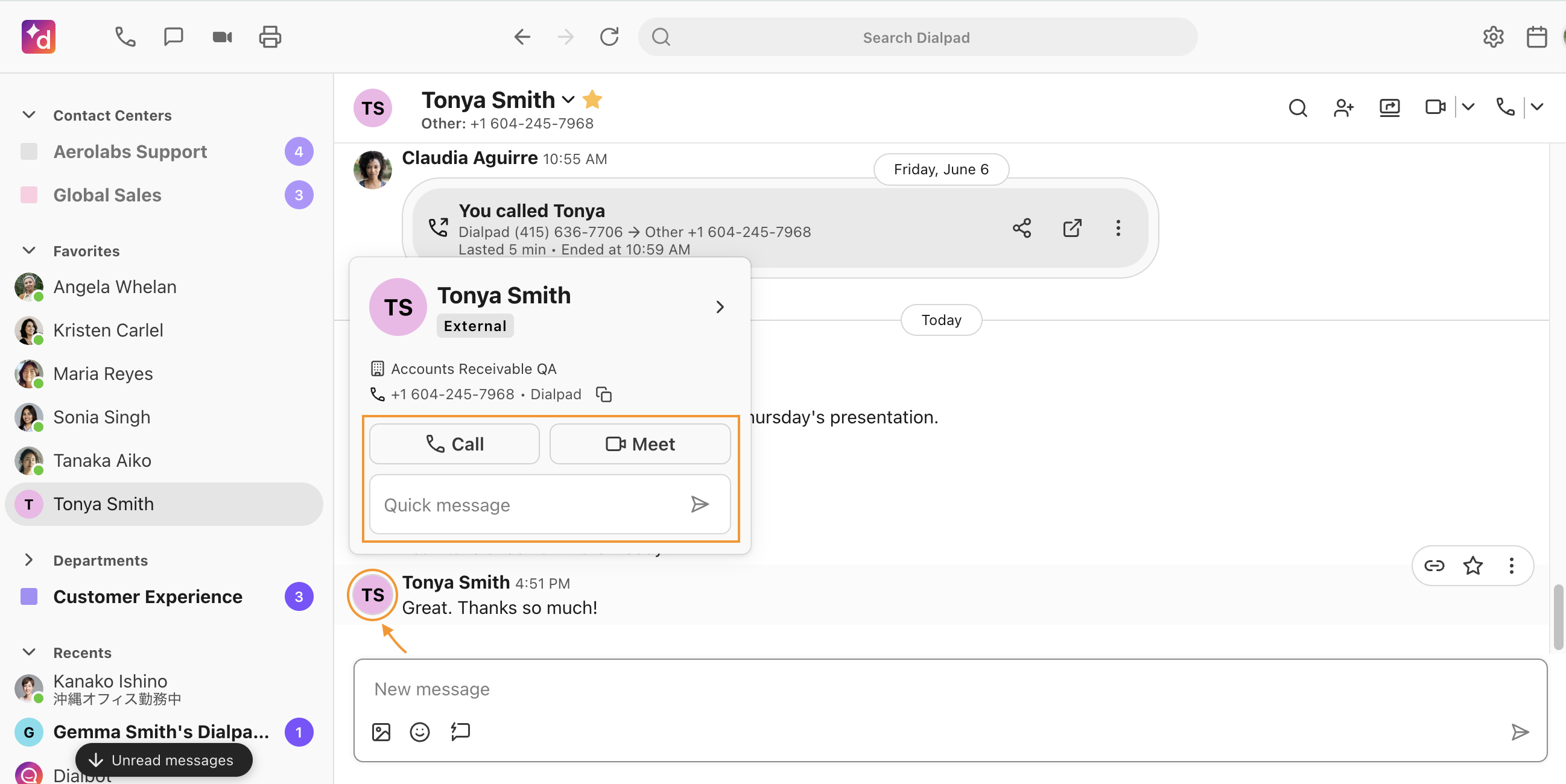 Screenshot of a contact hover card in Dialpad triggered by hovering over a user's avatar, featuring an orange box highlighting quick action options to Call, Meet, or send a Quick message.