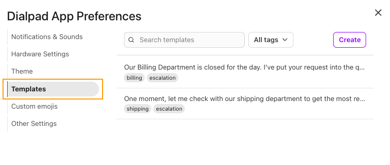 Screenshot of the Templates menu in Dialpad App Preferences, featuring an orange box highlighting the 'Templates' tab on the left and displaying saved template options on the right.