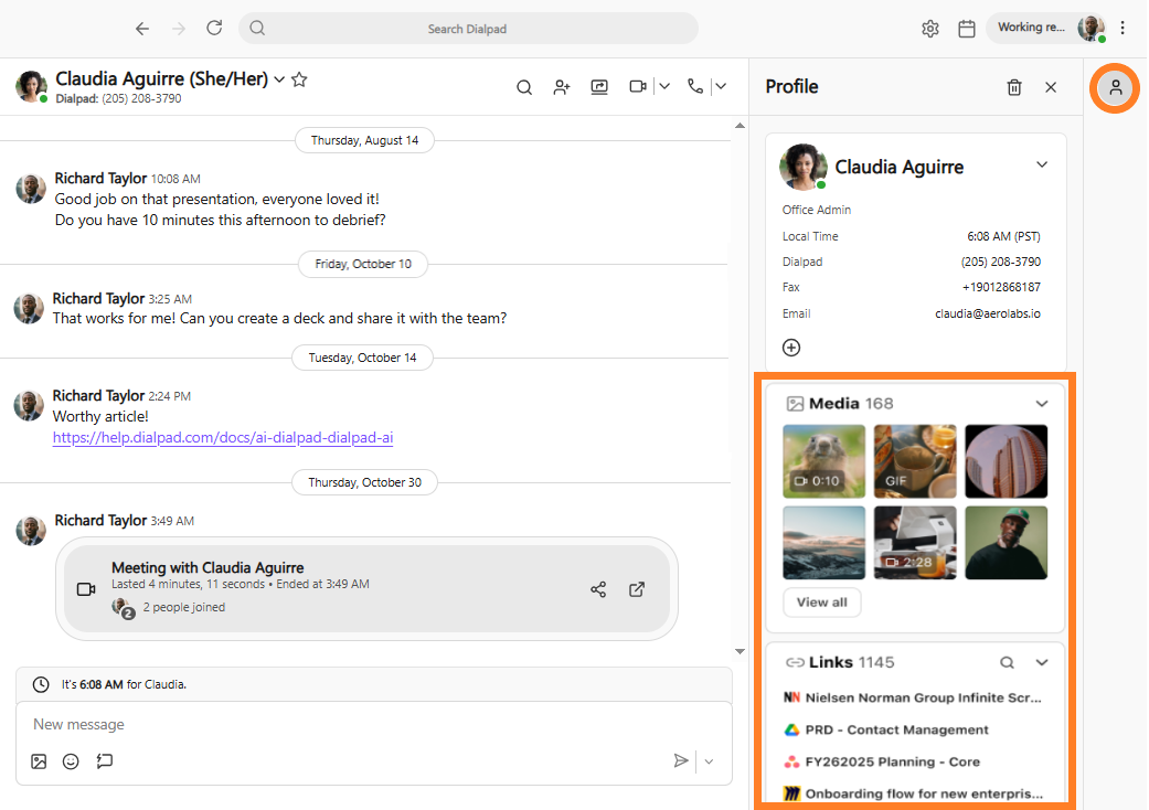 Screenshot of the user Profile sidebar in Dialpad, with orange highlights around the Profile icon in the top right corner and the Media and Links sections in the lower right sidebar.