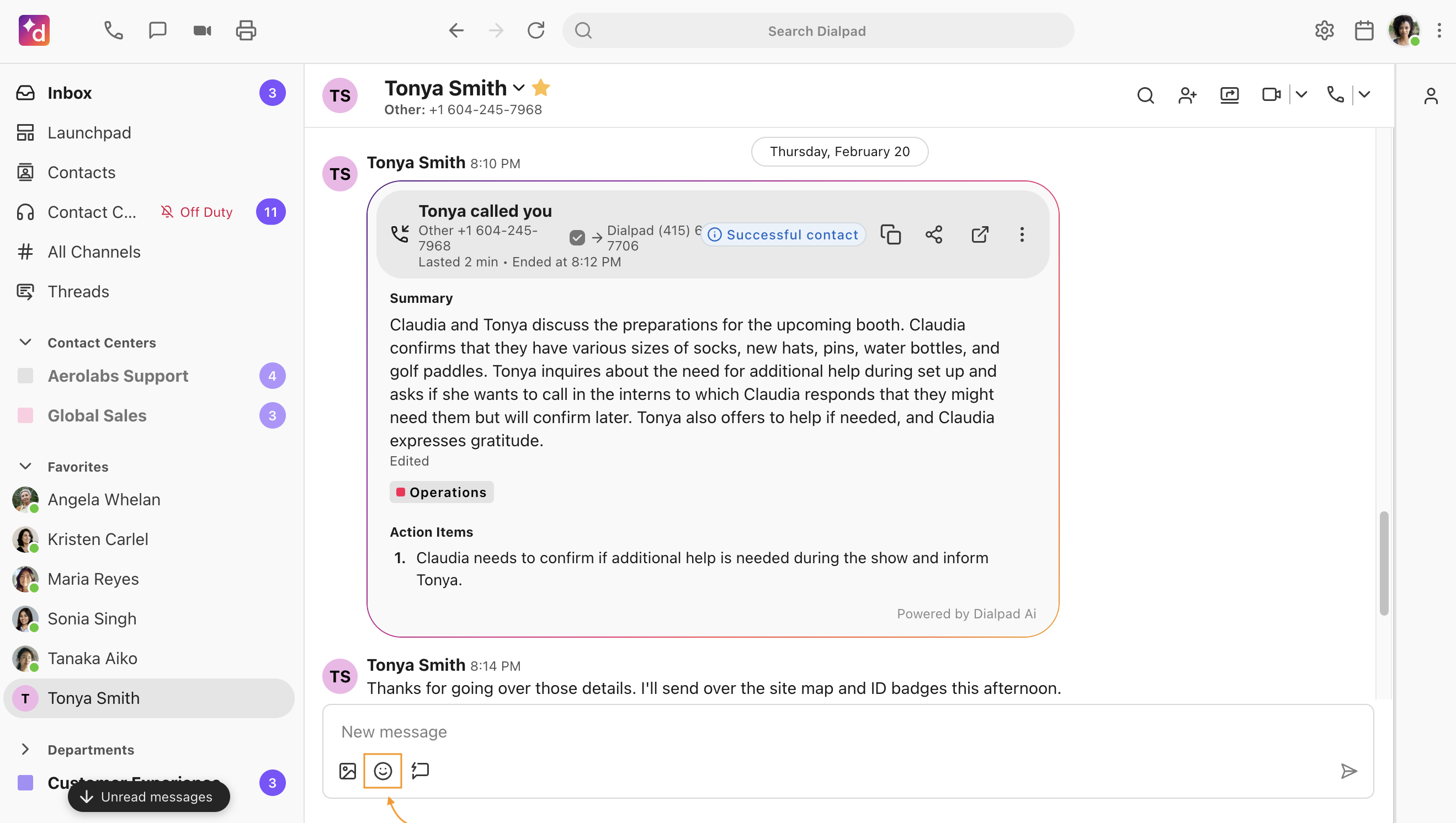 Screenshot of a Dialpad conversation view with an orange arrow pointing to an orange box highlighting the smiley face Emoji icon below the new message text field.