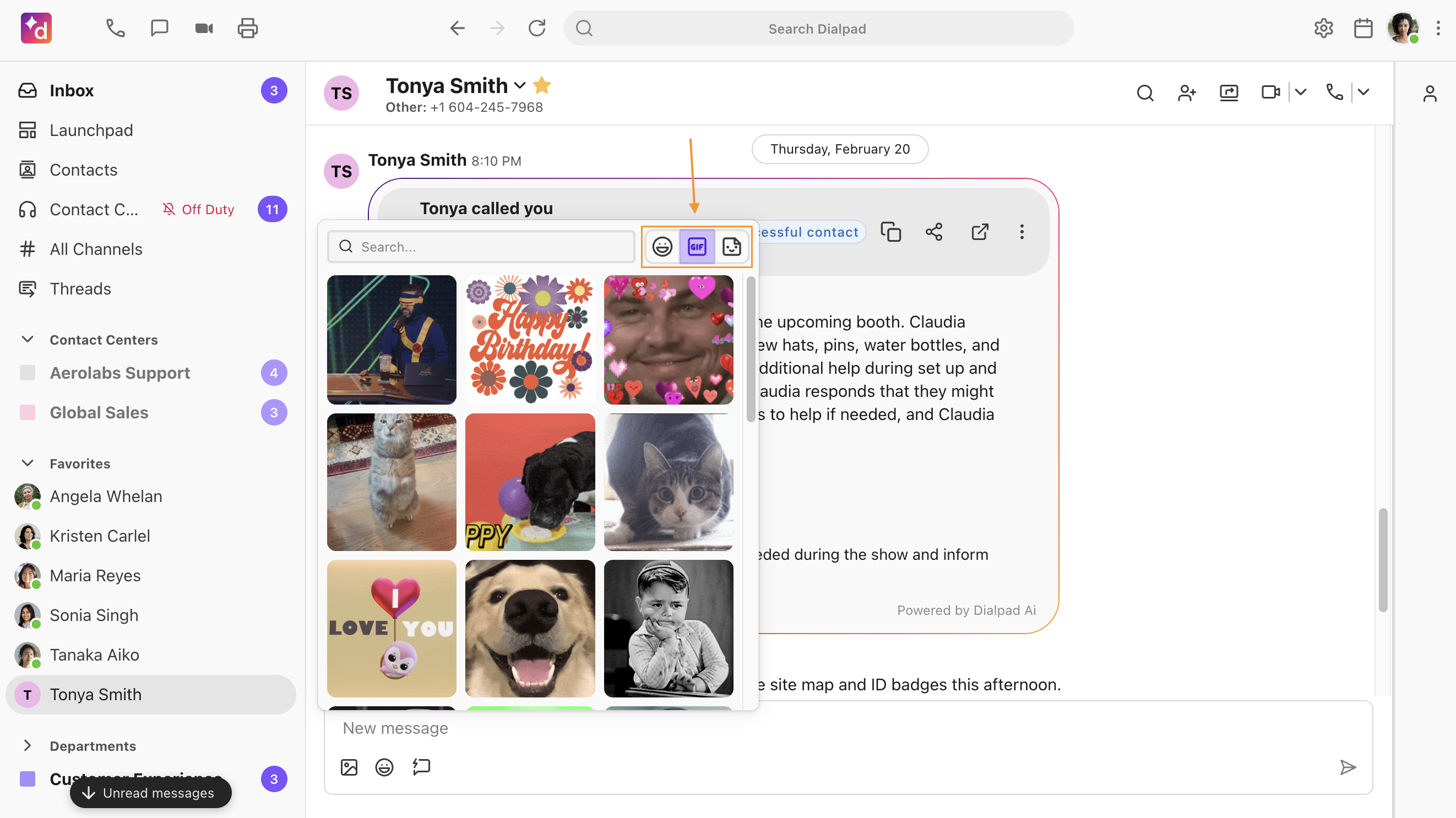 Alt Text Option  "Screenshot of the media picker pop-up window in Dialpad, featuring an orange arrow pointing to an orange box highlighting the emoji, GIF, and sticker tab icons at the top.