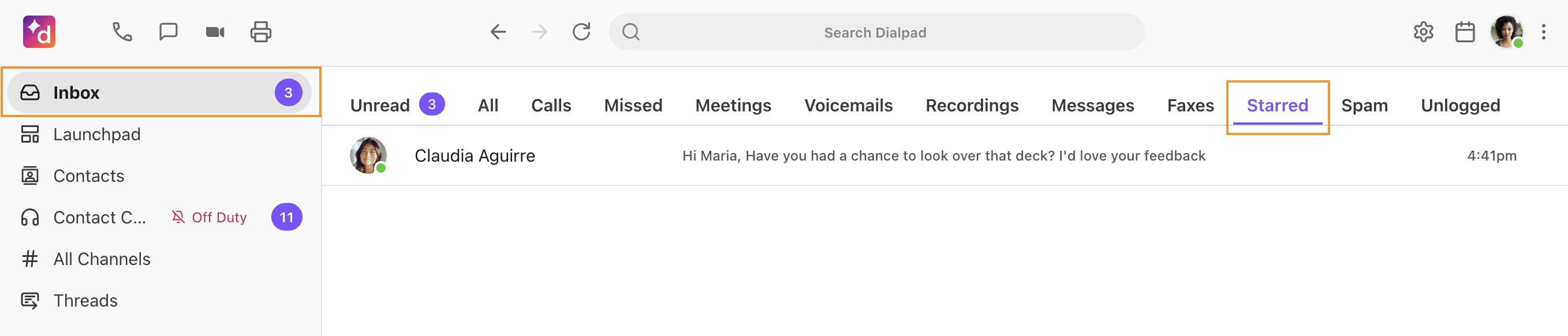 Screenshot of the Dialpad interface with orange boxes highlighting the Inbox option in the left navigation sidebar and the Starred tab at the top of the main window.