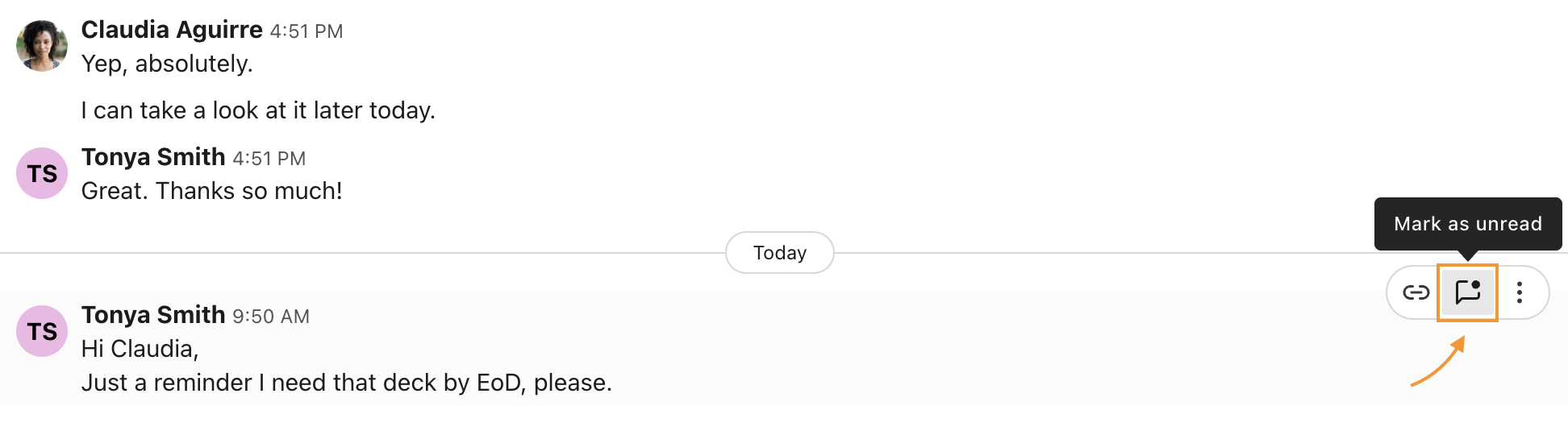 Screenshot of a chat message toolbar with an orange arrow pointing to an orange box highlighting the 'Mark as unread' message bubble icon on the right.