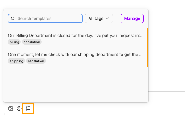 Screenshot of the message template picker window in Dialpad, featuring orange boxes highlighting the speech bubble template icon below the text field and the available template options.