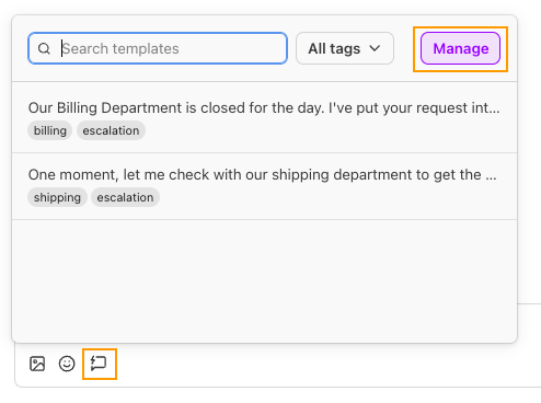 Screenshot of the message template picker window in Dialpad, featuring orange boxes highlighting the speech bubble template icon below the text field and the purple 'Manage' button in the top right corner.