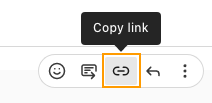 Screenshot of a chat message toolbar with an orange box highlighting the 'Copy link' chain icon.