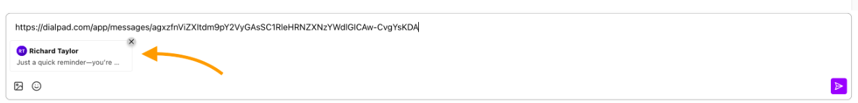 Screenshot of a message text field displaying a pasted URL with an orange arrow pointing to an automatically generated message preview card.