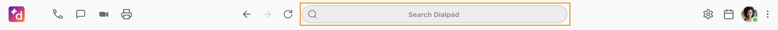 Screenshot of the Dialpad application header featuring an orange box highlighting the top search bar.