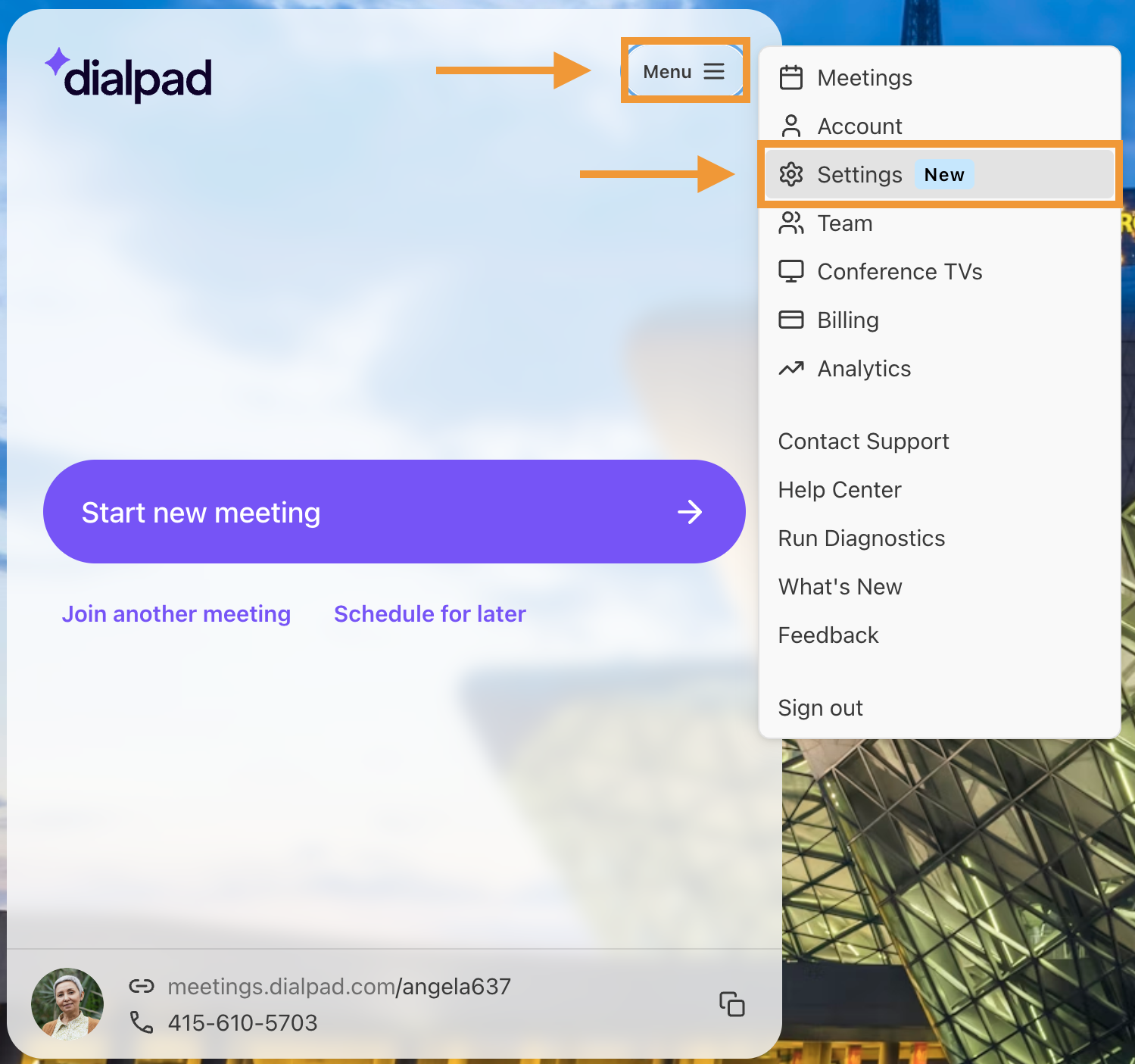Dialpad Meetings Settings Menu