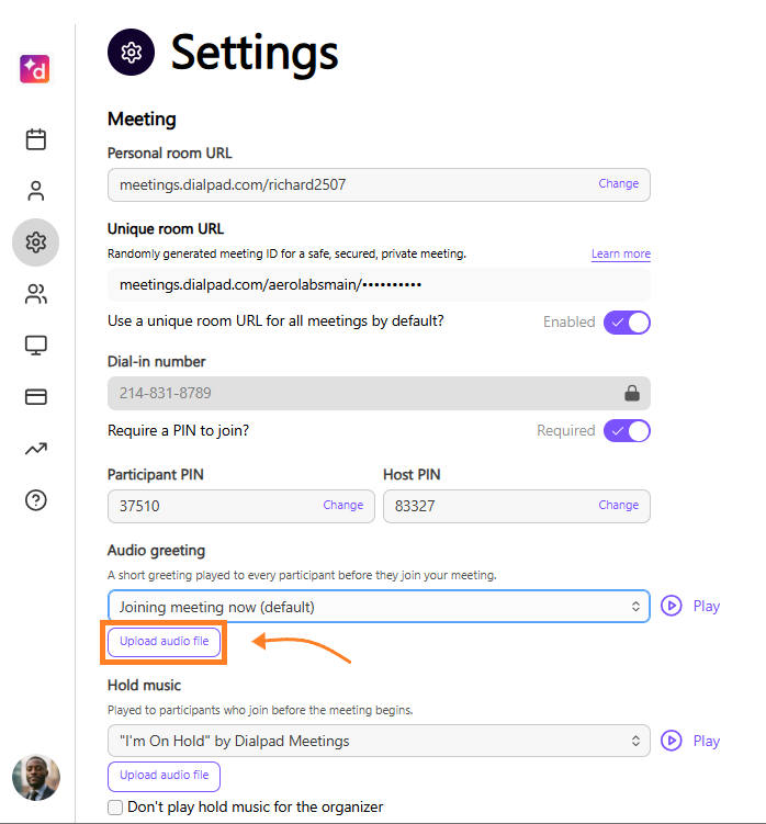 Audio greeting section showing "Upload audio file" button