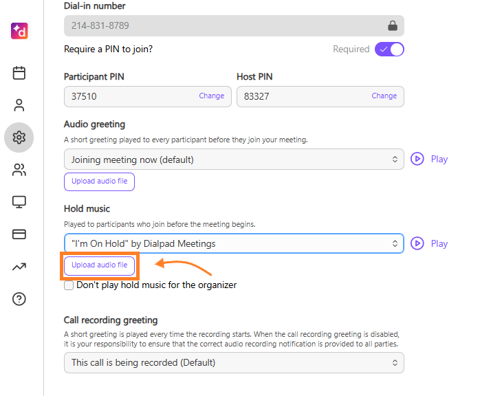 Hold music section showing Upload audio file button