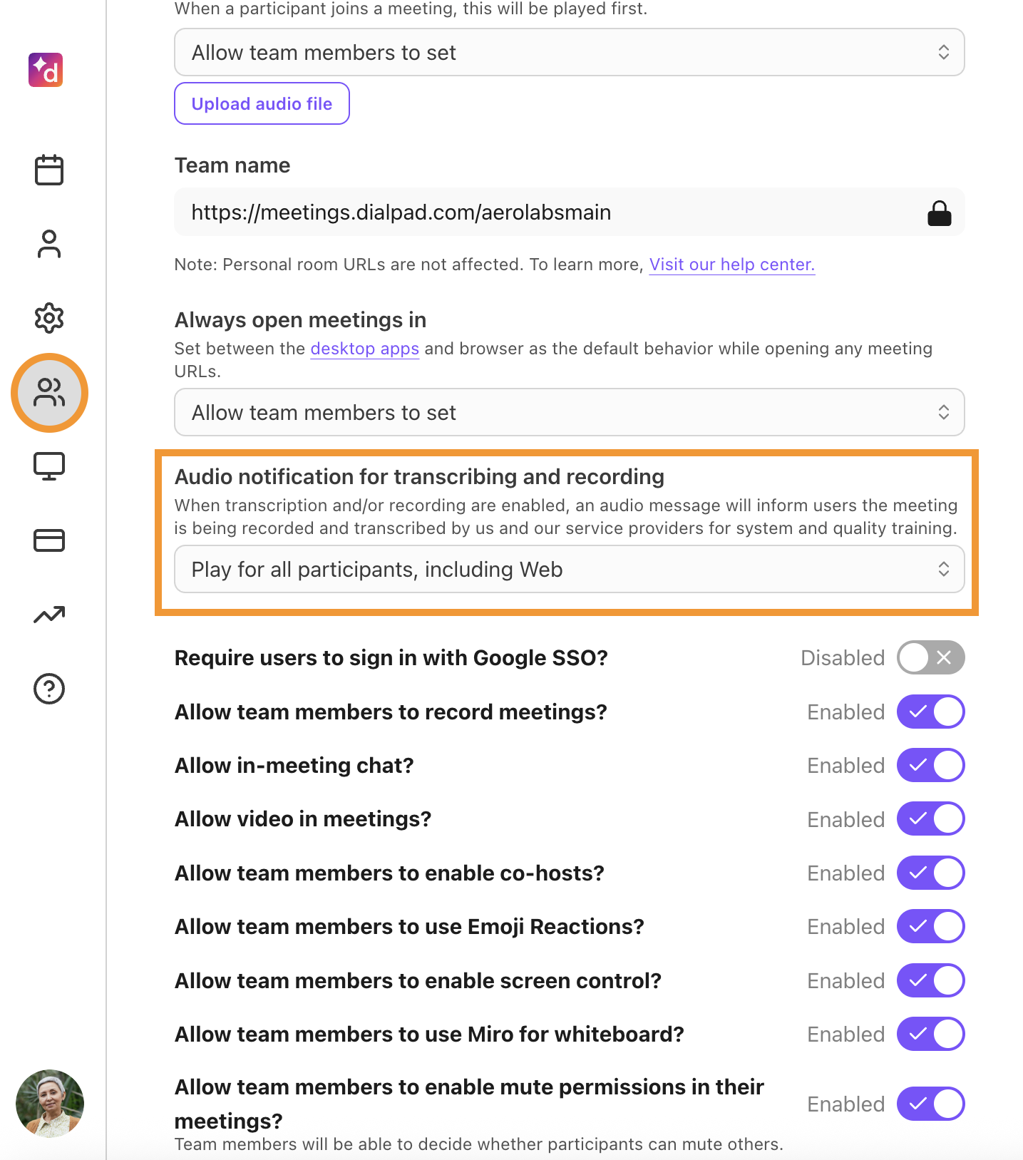 Audio notification for transcription and recording dropdown