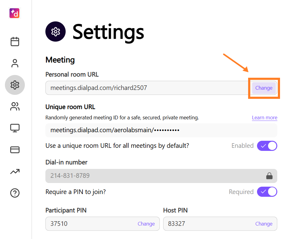 Change button beside the Personal room URL section in Settings