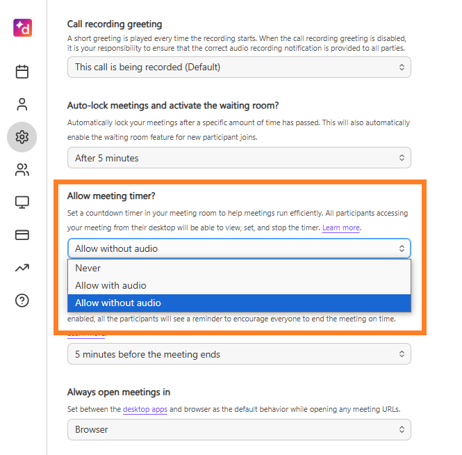 Allow meeting timer? dropdown