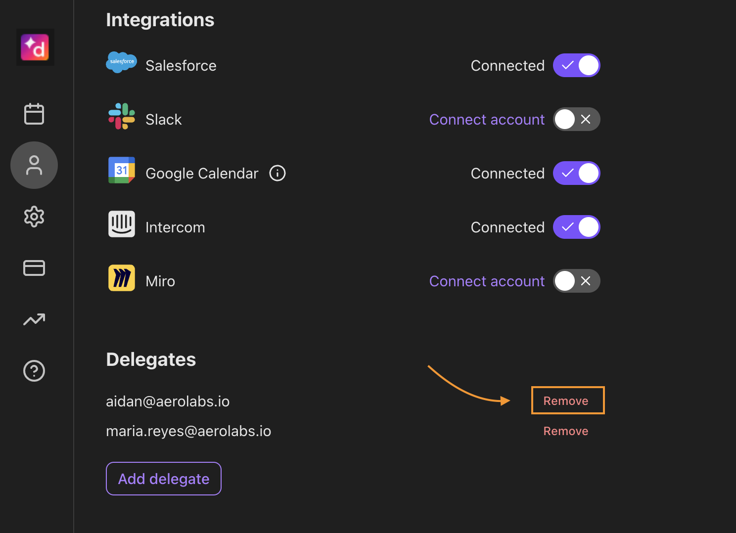 Remove delegates button