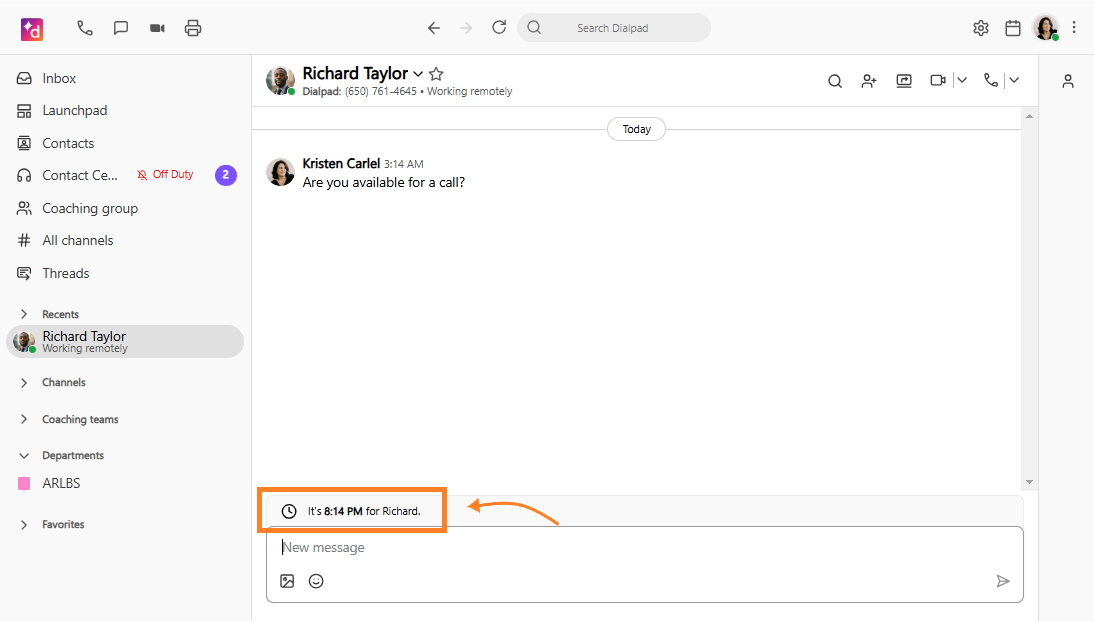 Screenshot of a Dialpad message view with an orange arrow pointing to an orange box highlighting a local time notification above the message input field.