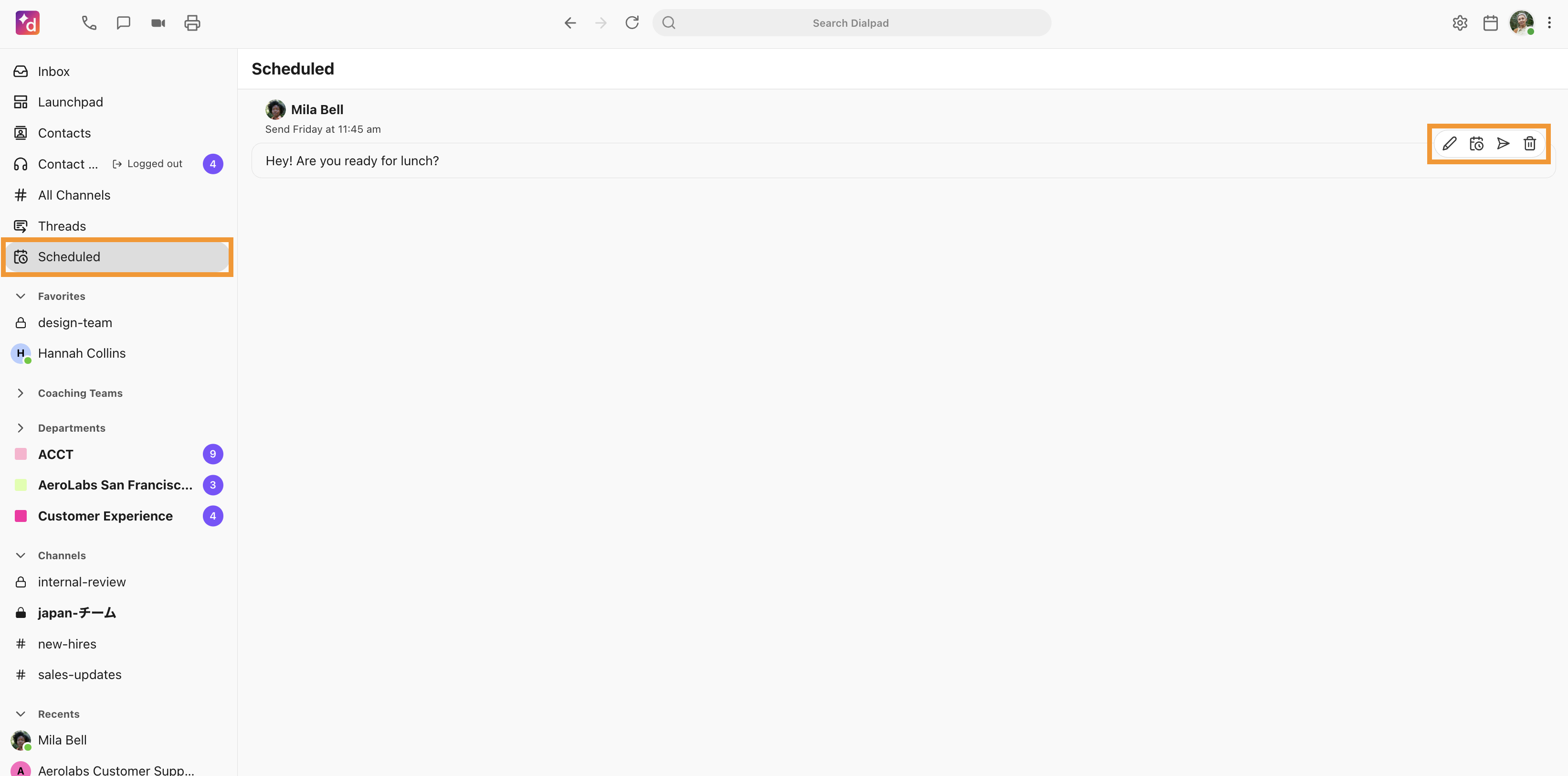 A view of scheduled messages. A list of scheduled messages is displayed here with the option to modify the message and its schedule.