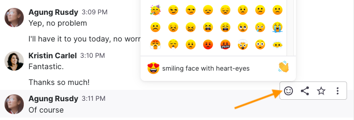 Screenshot of a chat message toolbar with an orange arrow pointing to the smiley face emoji reaction icon, which opens an emoji picker popup above the message.