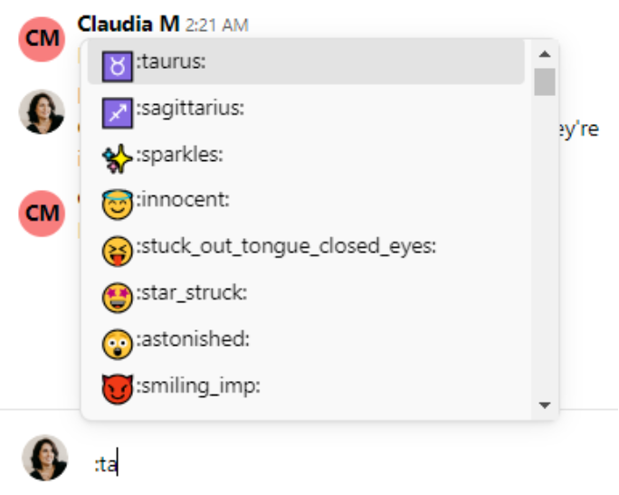 Screenshot of an inline emoji autocomplete menu in Dialpad popping up above the text field after typing a colon and the letters ':ta'.