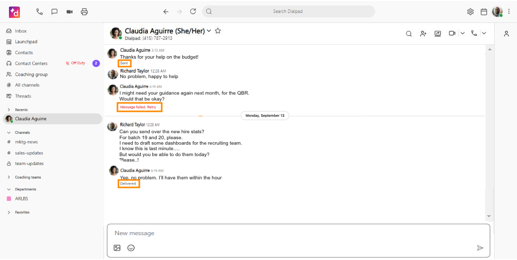 Screenshot of a Dialpad chat window with orange boxes highlighting delivery status receipts below sent messages, including 'Sent', 'Message failed. Retry', and 'Delivered'.