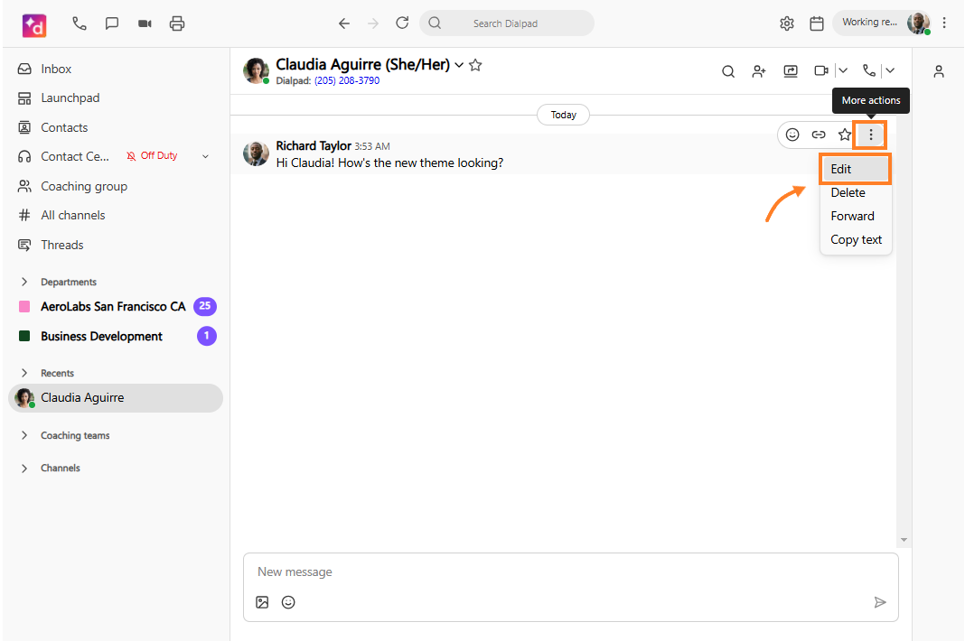 Screenshot of a Dialpad chat conversation with an orange arrow pointing to an orange box highlighting the 'Edit' option in the More actions drop-down menu.