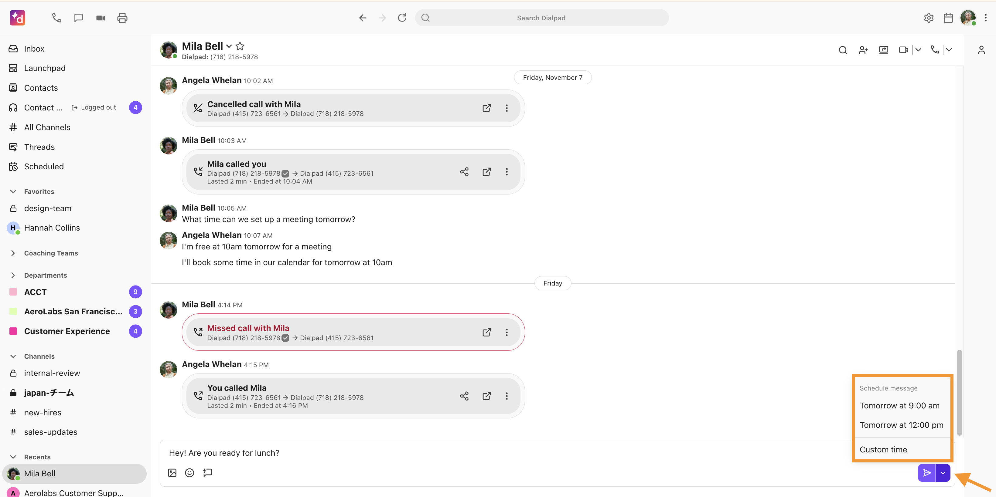 View of a conversation with a user. A message is typed, with the option to schedule when it will be sent, displayed, and highlighted.